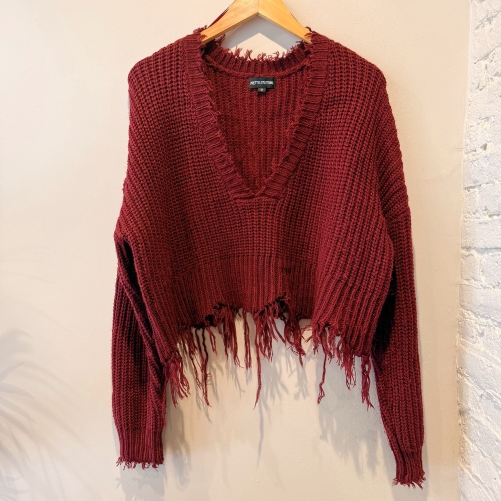 Pretty Little Thing Burgundy Fringe Sweater